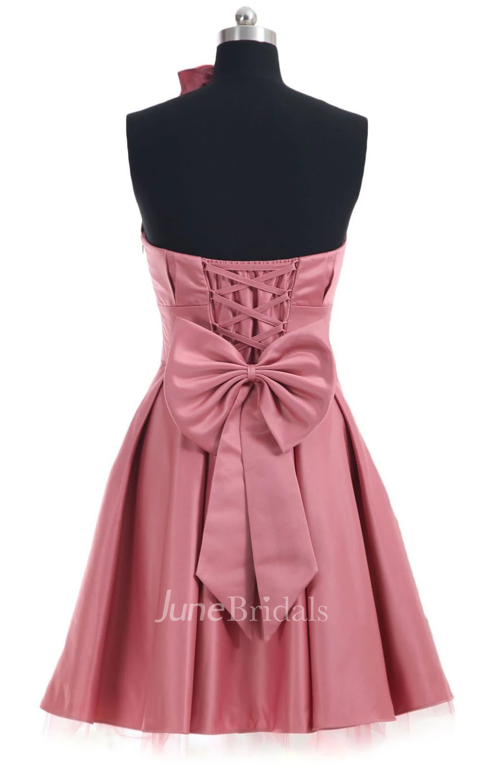 Strapless Appliqued Ruched Bodice Short Pleated Satin Dress