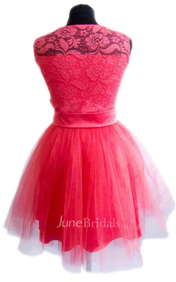 Mini Tulle And Lace Dress With Satin Belt