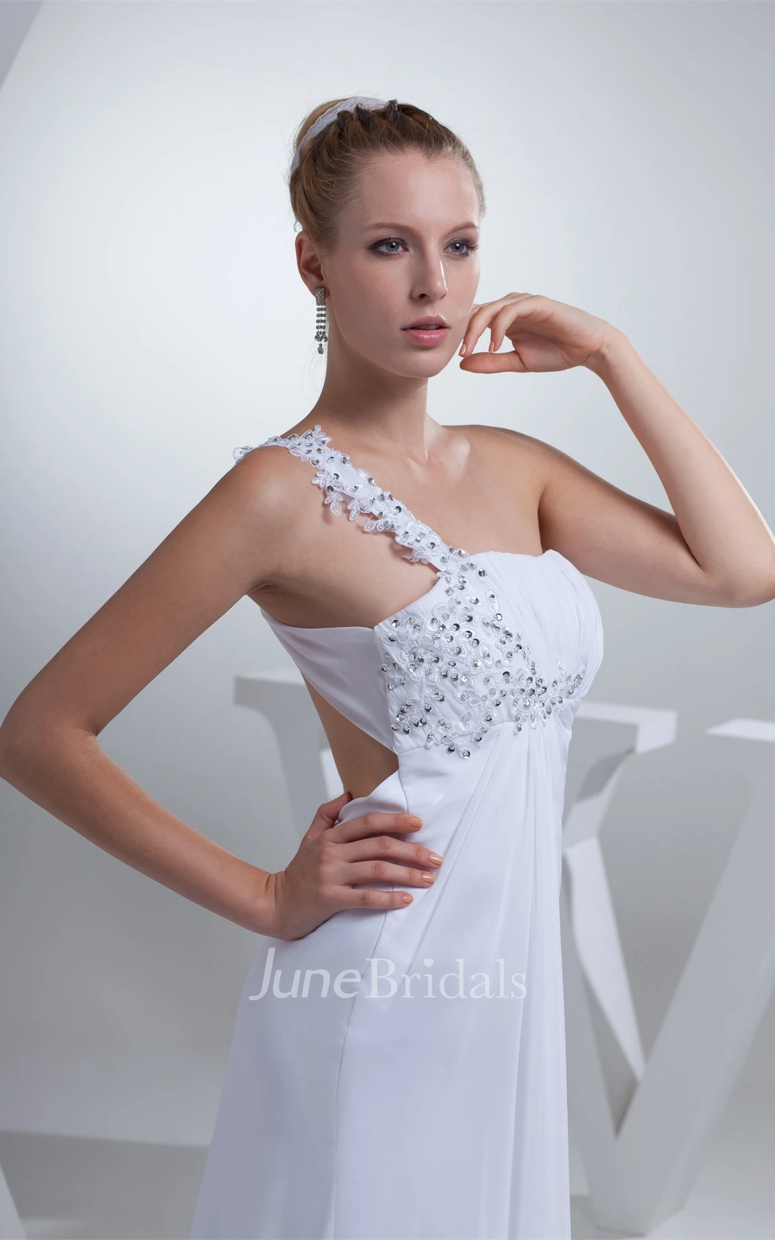 Chiffon Sleeveless Pleated Dress with Beading and Front Slit