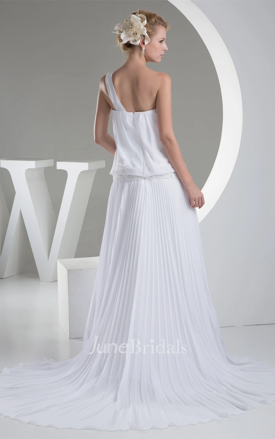One-Shoulder Pleated Chiffon Maxi Dress with Gemmed Waist