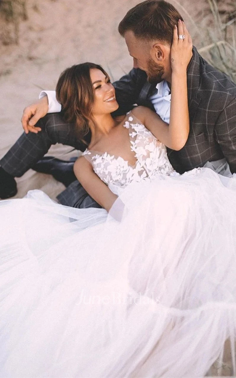 Ball Gown V-neck Lace Tulle Floor-length Sleeveless Wedding Dress with Appliques