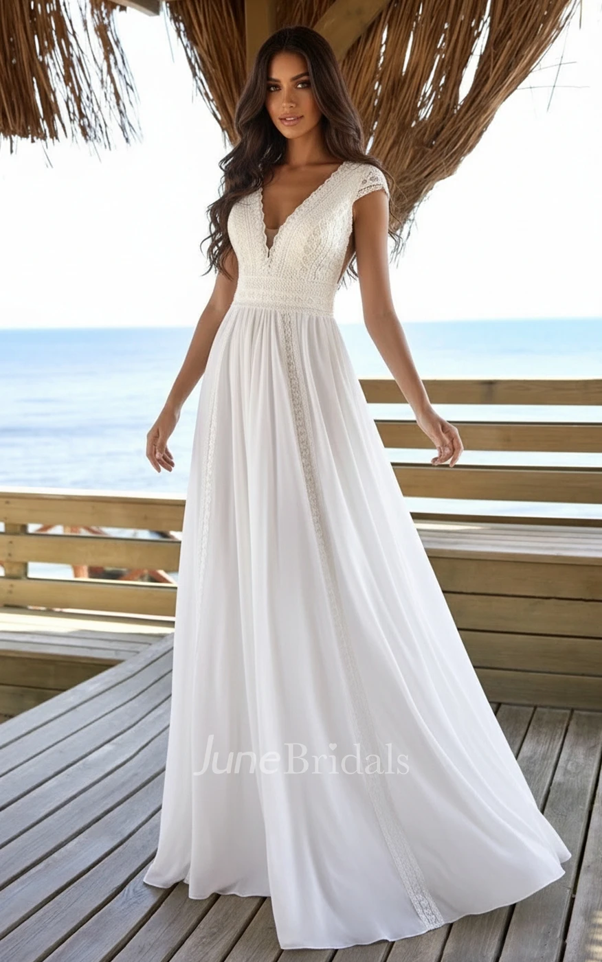 A-Line Boho Beach Wedding Dress With Cap Sleeves Sexy Lace Plunging V Neck Bridal Gown For Destination Weddings