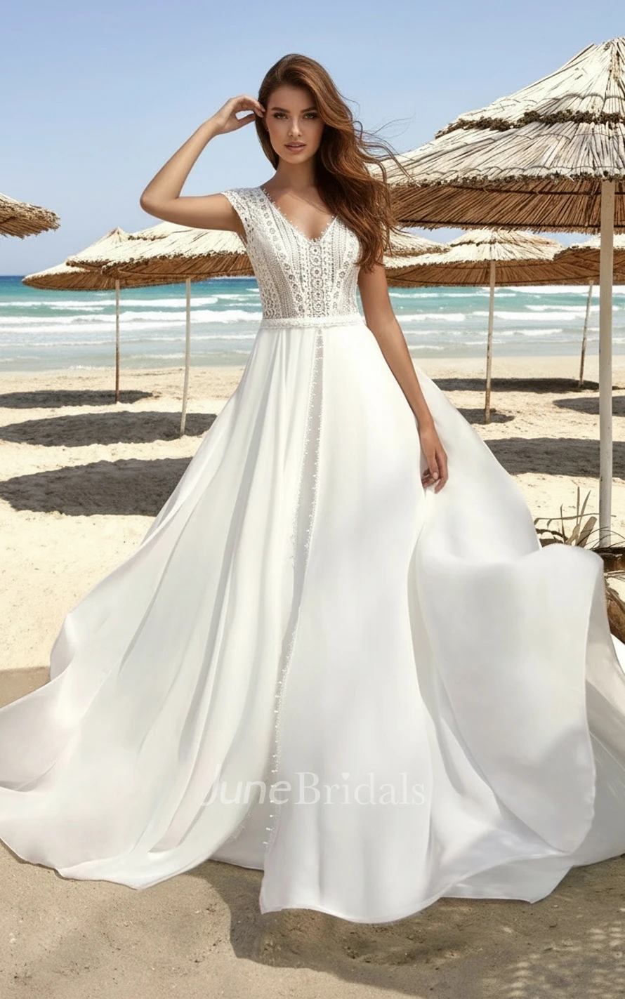 Beach Bohemian Lace Wedding Dress Casual Cap Sleeves A-Line Chiffon Bridal Gown for Destination Weddings