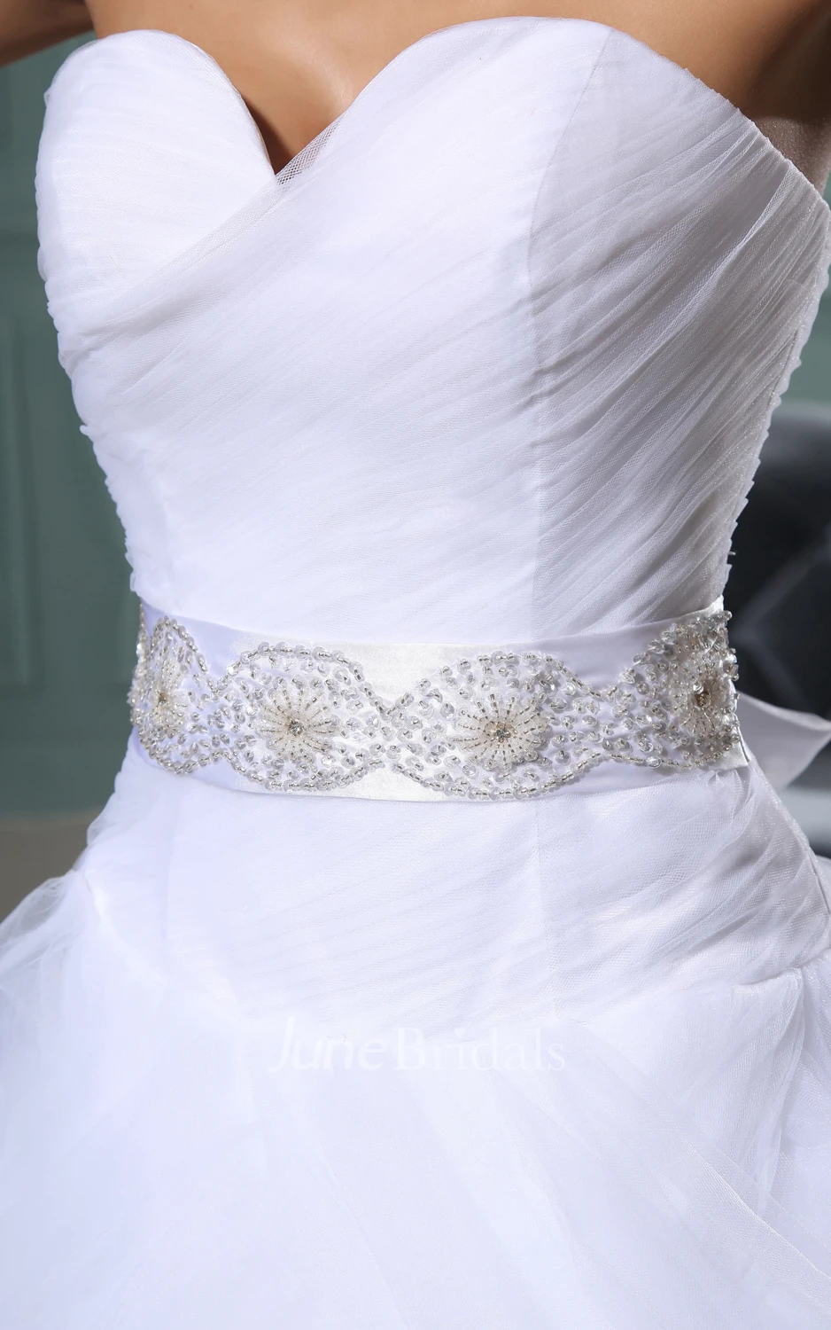 A-Line Sweetheart Sleeveless Gown With Lace Sash And Overlay