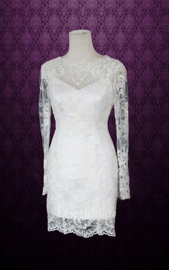 A-Line Lace Wedding Dress With Removable Skirt And Long Sleeves