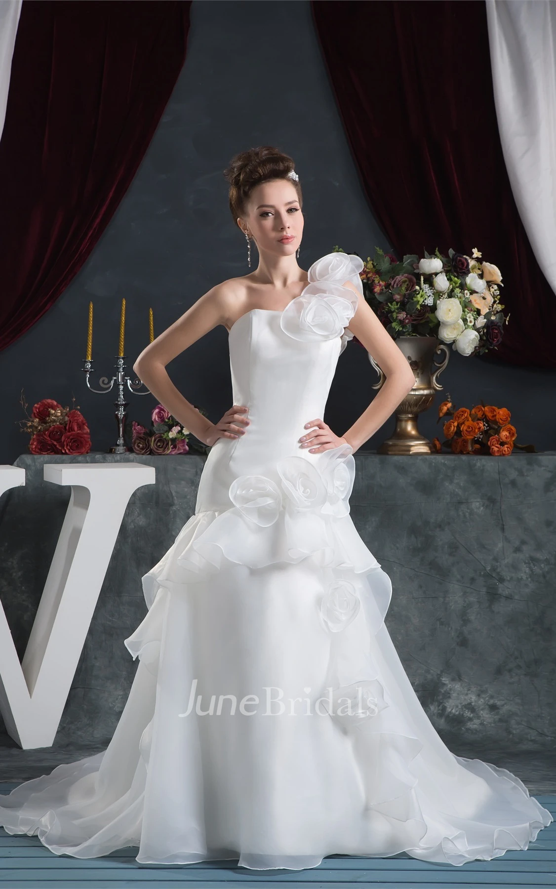 One-Shoulder Column A-Line Gown with Peplum and Flower