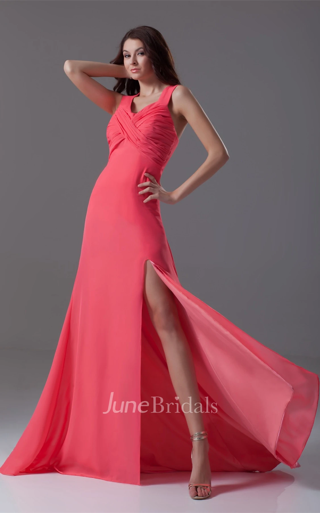 Strapped Front-Split Chiffon Dress with Criss-Cross Ruching