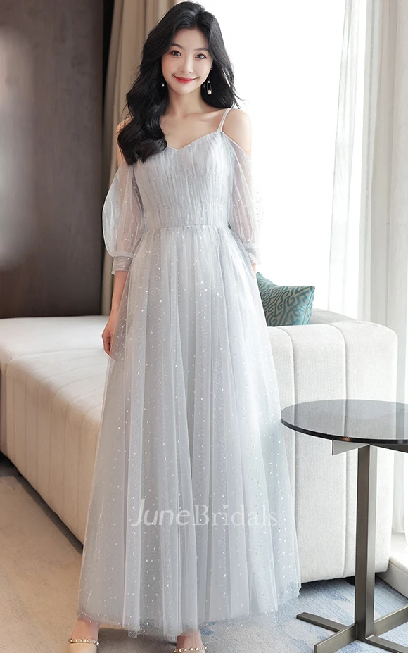 Simple Tulle Off-the-shoulder Square V-neck A Line Evening Formal Dress With Ruching