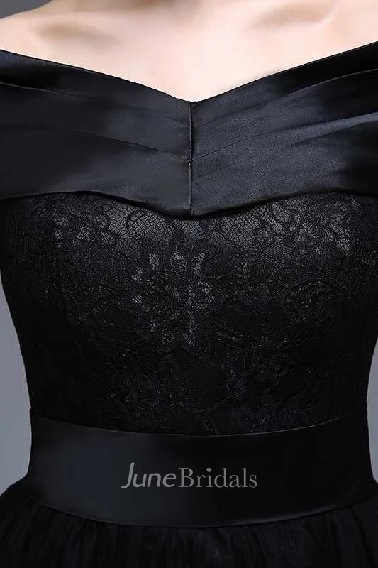 Off The Shoulder V Neck A-line Knee Length Tulle Dress