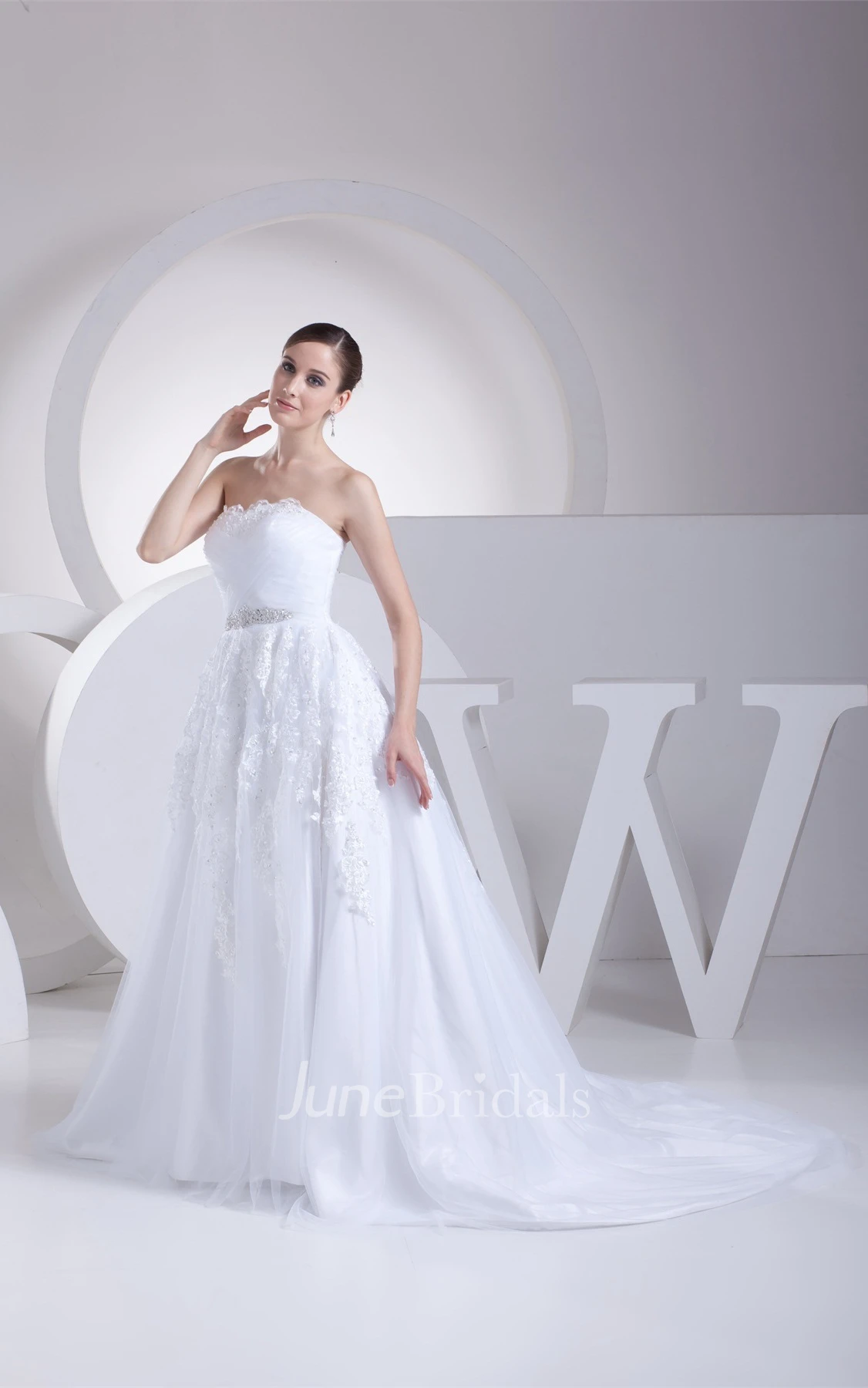 Strapless Ruched A-Line Gown with Appliques and Gemmed Waist