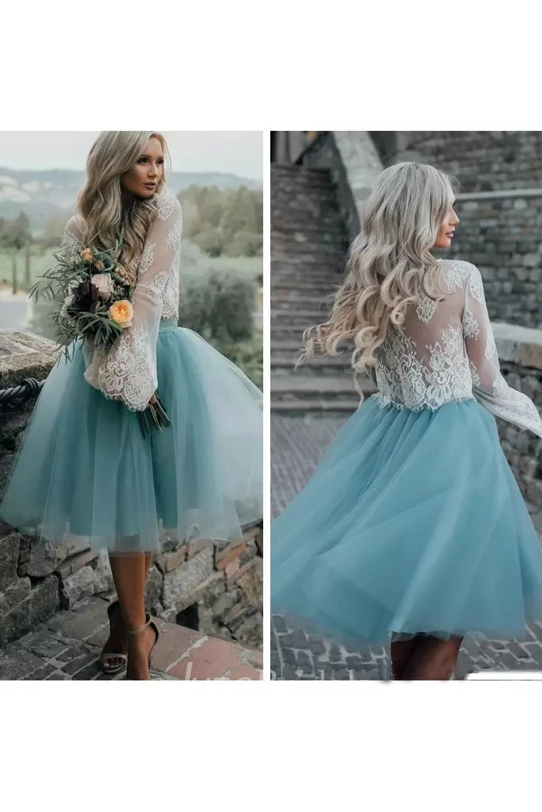 A-line Two Piece Long Sleeve Pleats Tea-length Lace Tulle Homecoming Dress