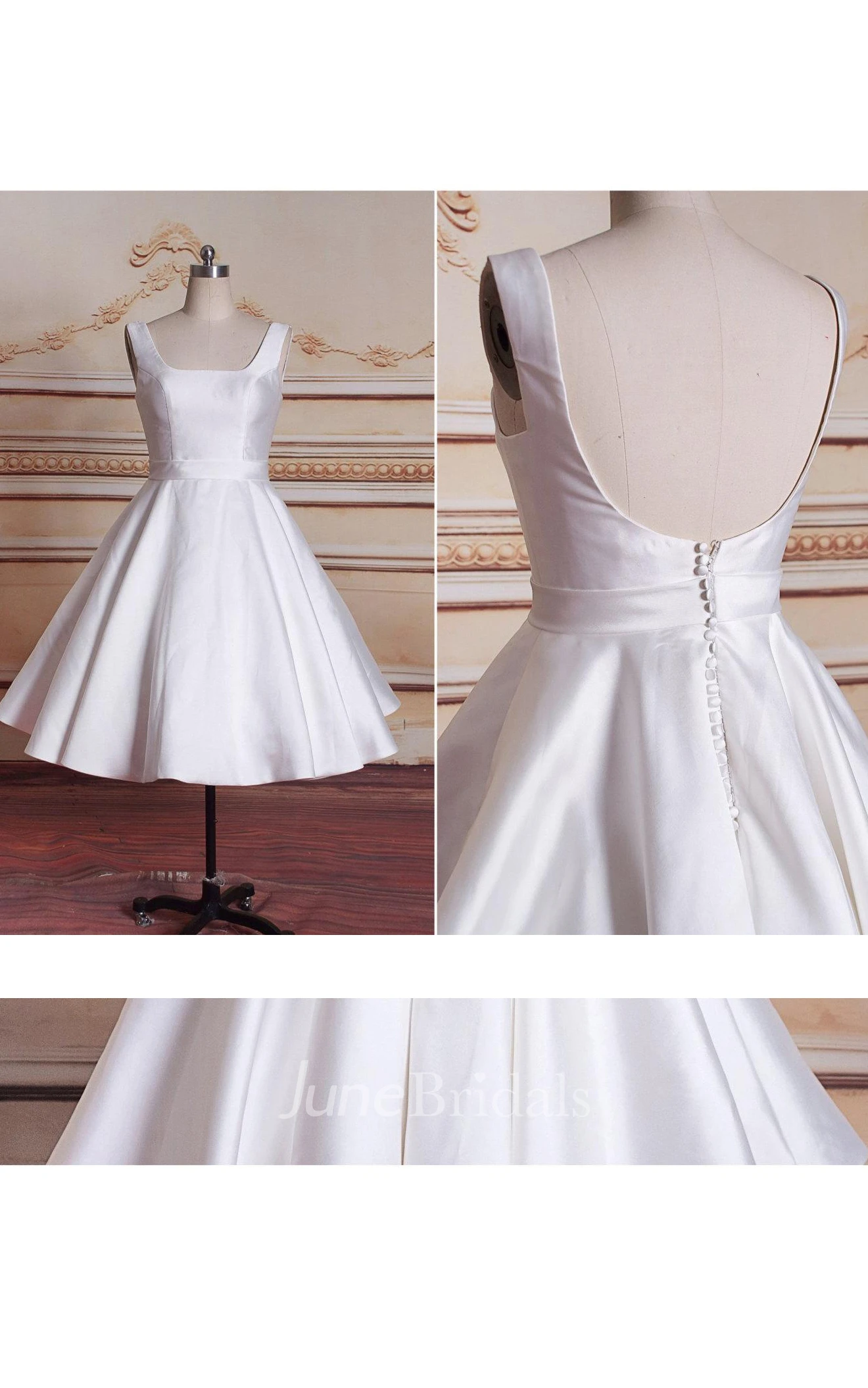 Short Tea-Length Square Lace Satin Weddig Dress