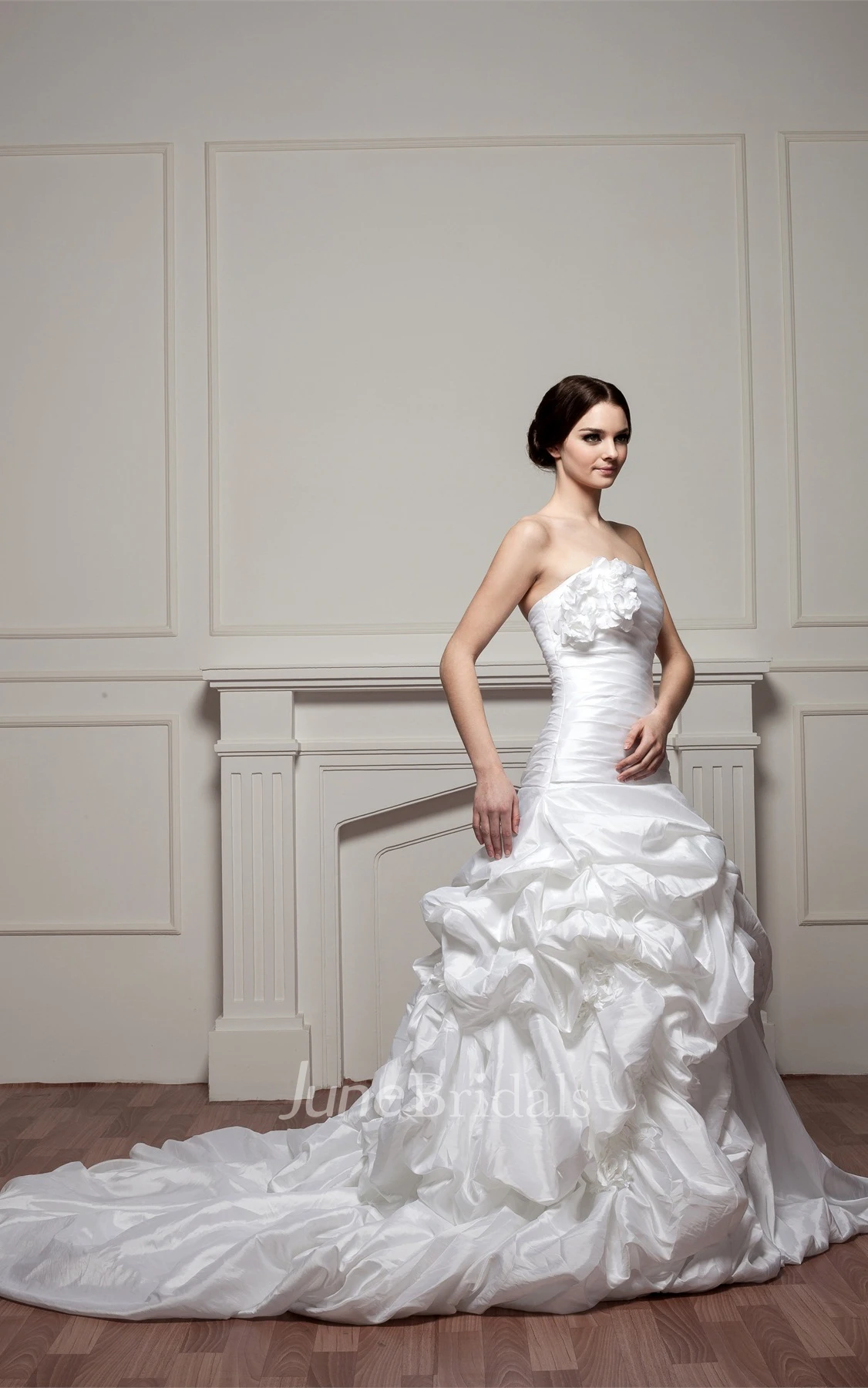 Strapless Ruched Pick-Up Gown with Flower and Ruched Bodice