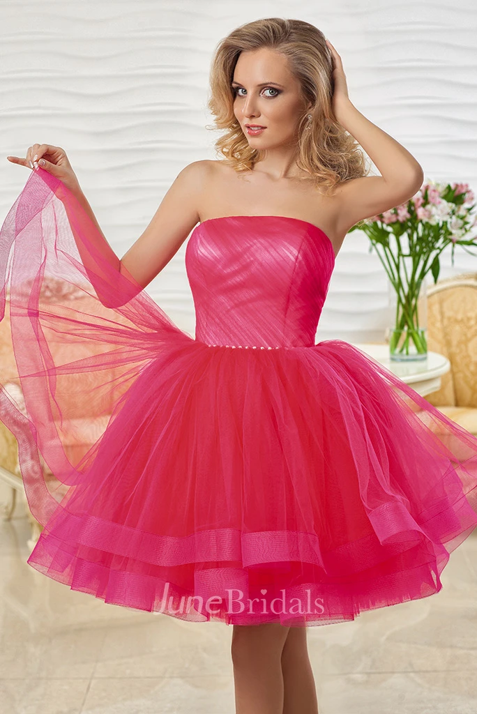 A Line Strapless Ruched Short Mini Sleeveless Tulle Prom Dress With Tiers