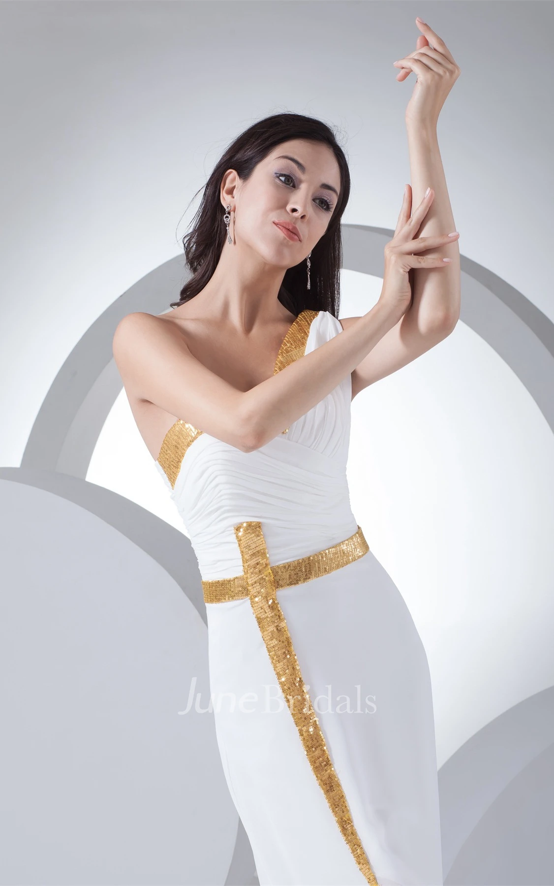 One-Shoulder Chiffon Front-Split Dress with Ruching and Sequins