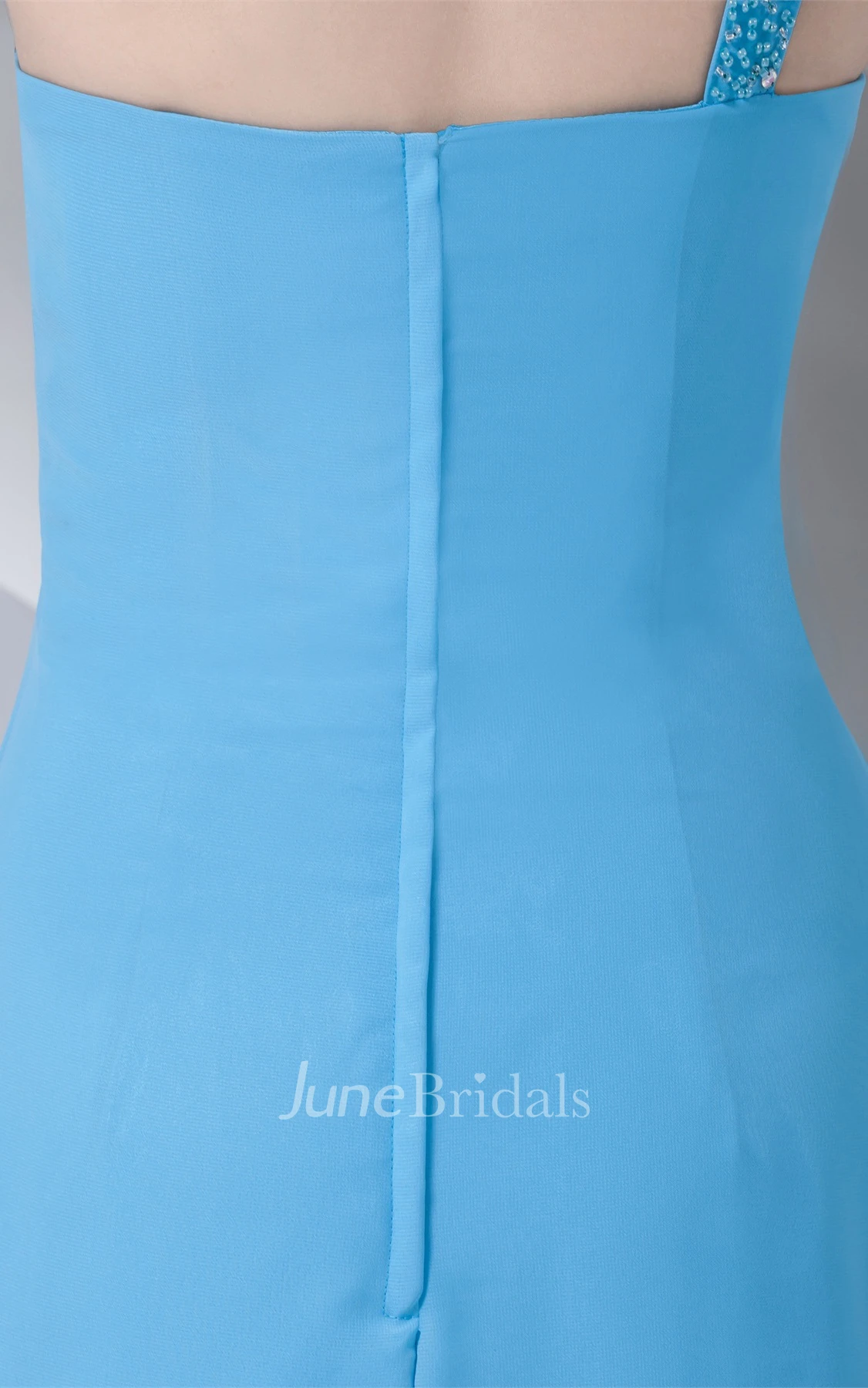 Asymmetrical Side Draping One-Shoulder Sheath Gown with Beadings and Zipper Back