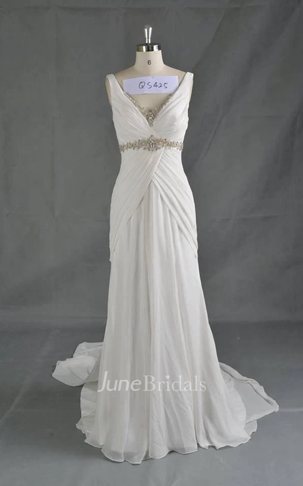 V-Neck Sleeveless A-Line Chiffon Wedding Dress With Beading