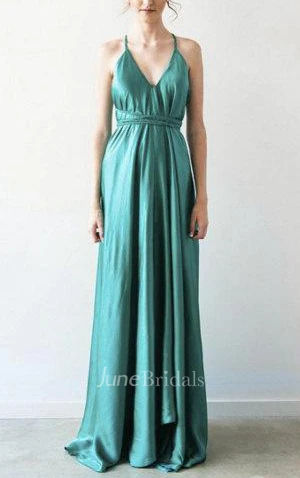 V-Neck Sleeveless Long Pleated Dress With Straps