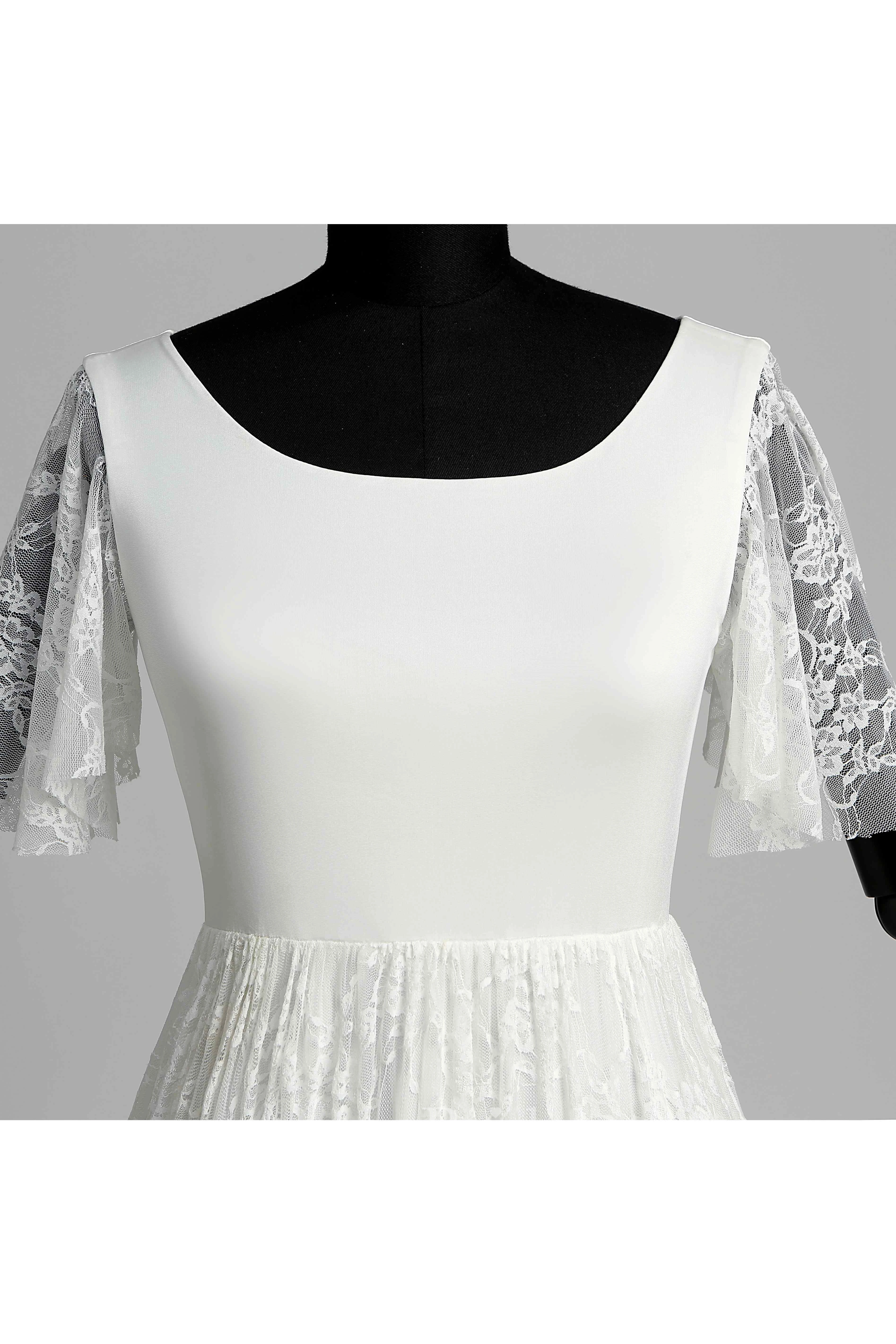 Floor-length Sweep/Brush Train A-line Scoop Illusion Short Sleeve Satin Lace Weeding Dress