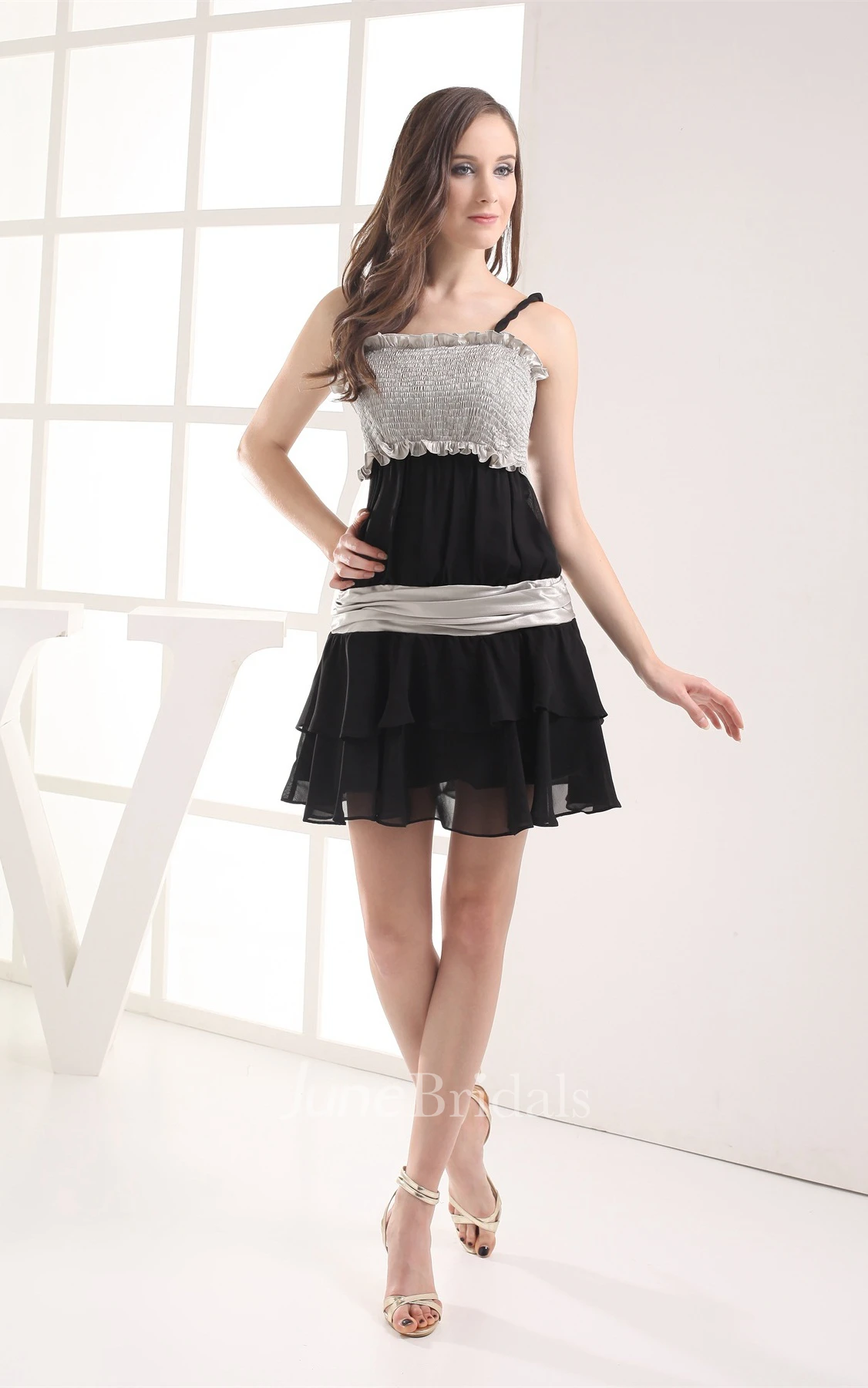 Sleeveless Spaghetti-Straps Scalloped A-Line Dress with Tulle Overlay