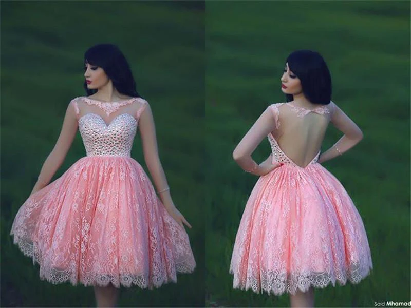 Lovely Beadings Lace Cocktail Dress Open Back Pink Homecoming Dress