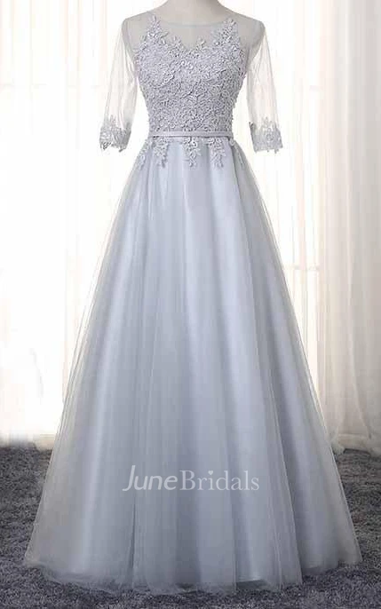 A-Line Half Sleeve Tulle Floor-Length Dress With Corset Back