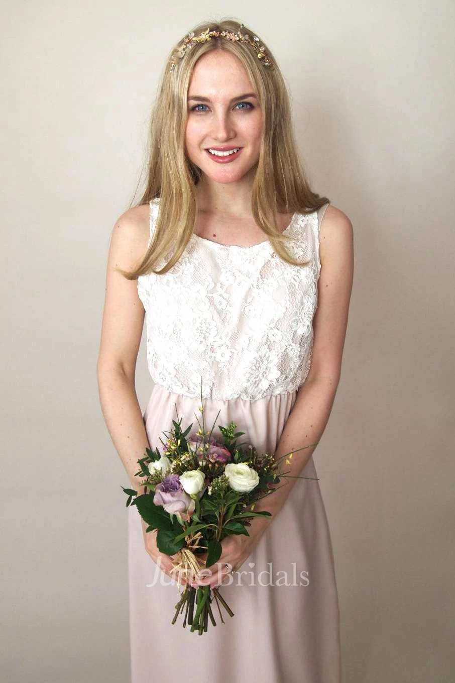 Floor-Length Satin Sash Ribbon Lace Wedding Dress