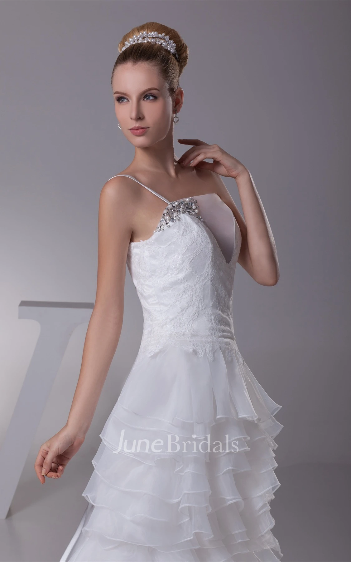 Single-Strap Tiered Floor-Length Dress with Beading and Appliques