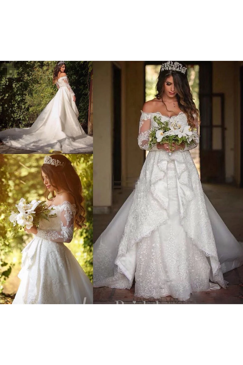 Off Shoulder Long Sleeves Backless Lace Wedding Bridal Gown