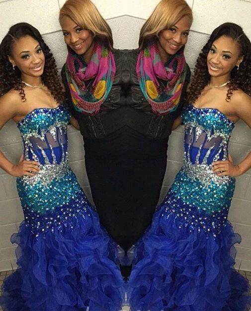 Modern Strapless Royal Blue Prom Dresses Crystal Organza Mermaid Party Gowns