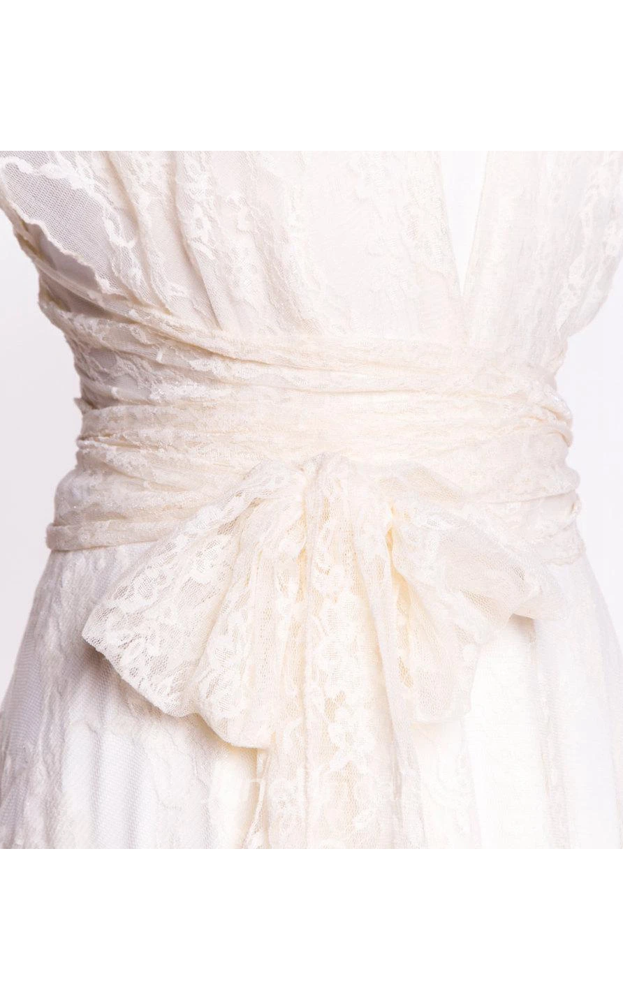 Convertible A-Line Pleated Lace Cap Dress With Bow