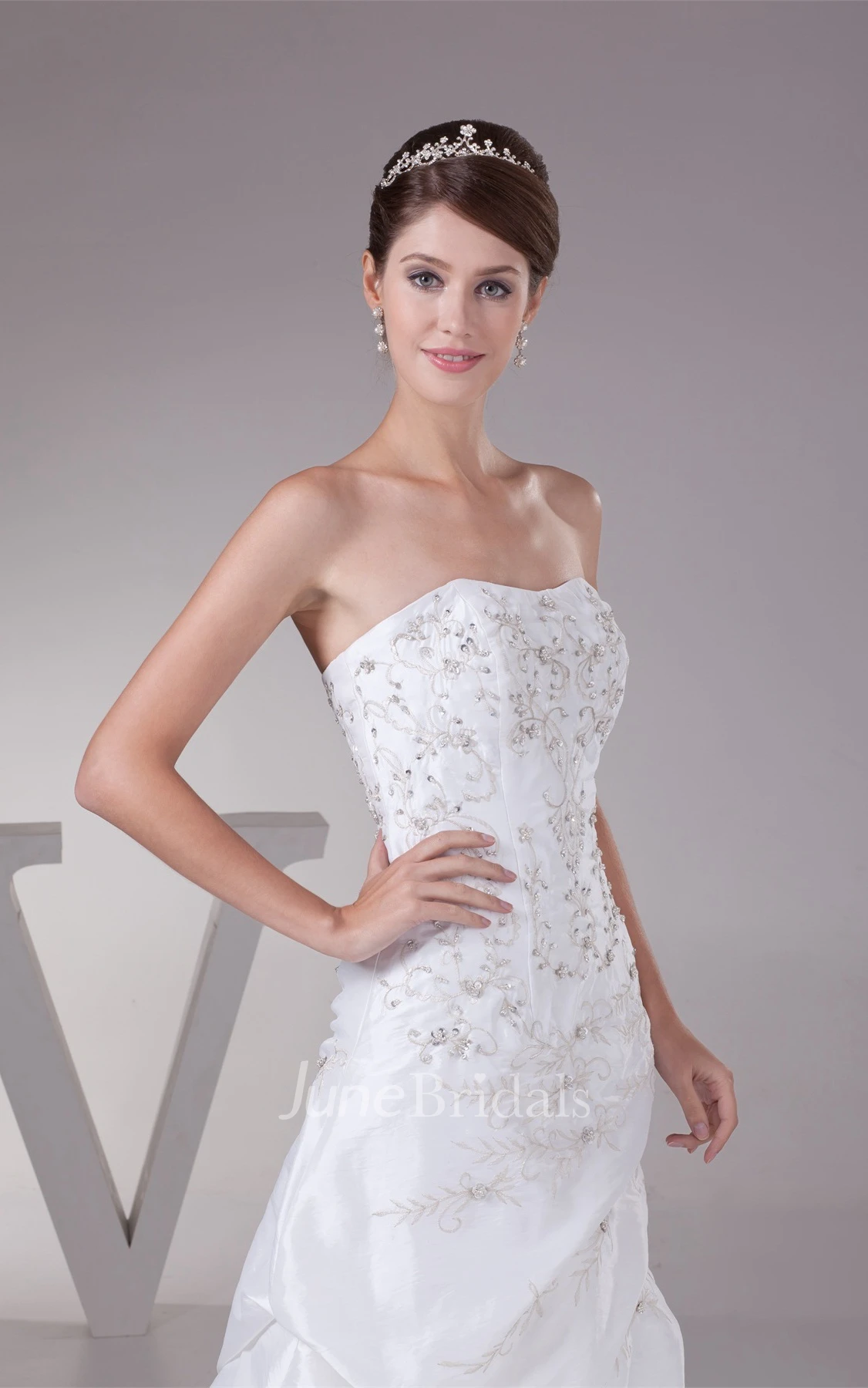 Strapless Embroidered Pick-Up Gown with Corset Back and Brush Train