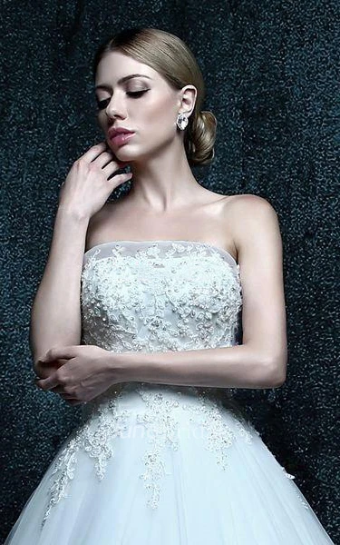 A-Line Strapped Chapel Train Lace Organza Dress With Appliques