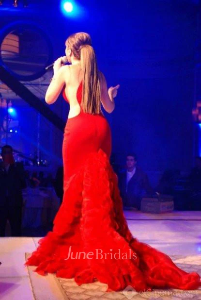 Attractive Red Mermaid Ruffles Evening Dress Court Train Sleeveless