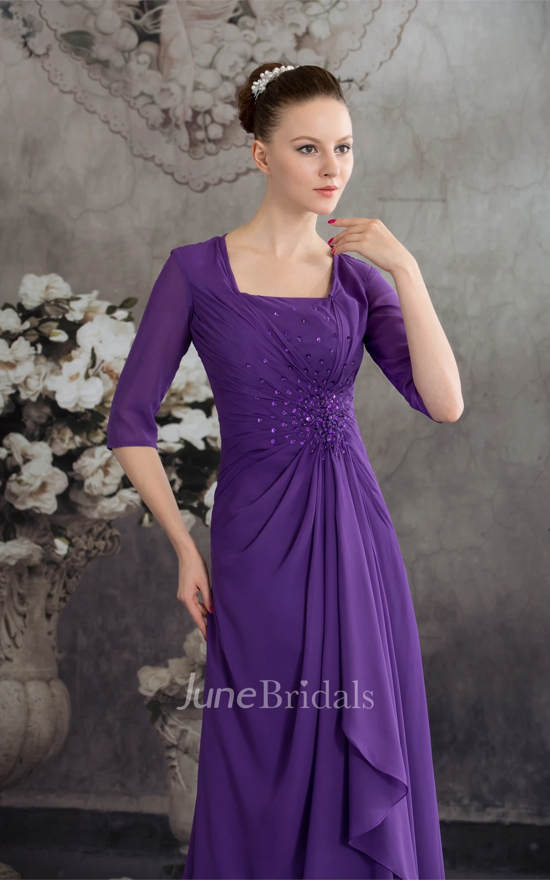 Square-Neck Half-Sleeve Chiffon Maxi Dress with Central Ruching and Beading