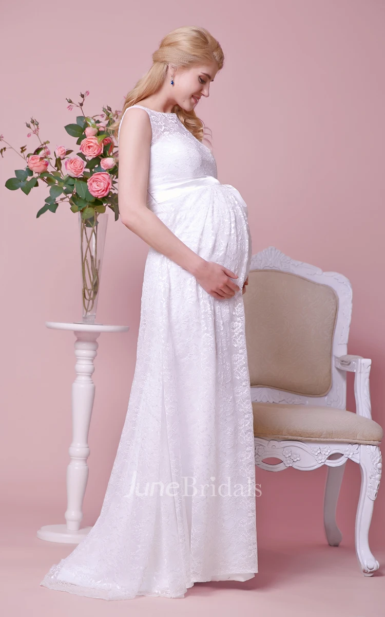 Allover Lace Illusion Bateau Neck Cap-Sleeved Maternity Wedding Dress With Satin Bow