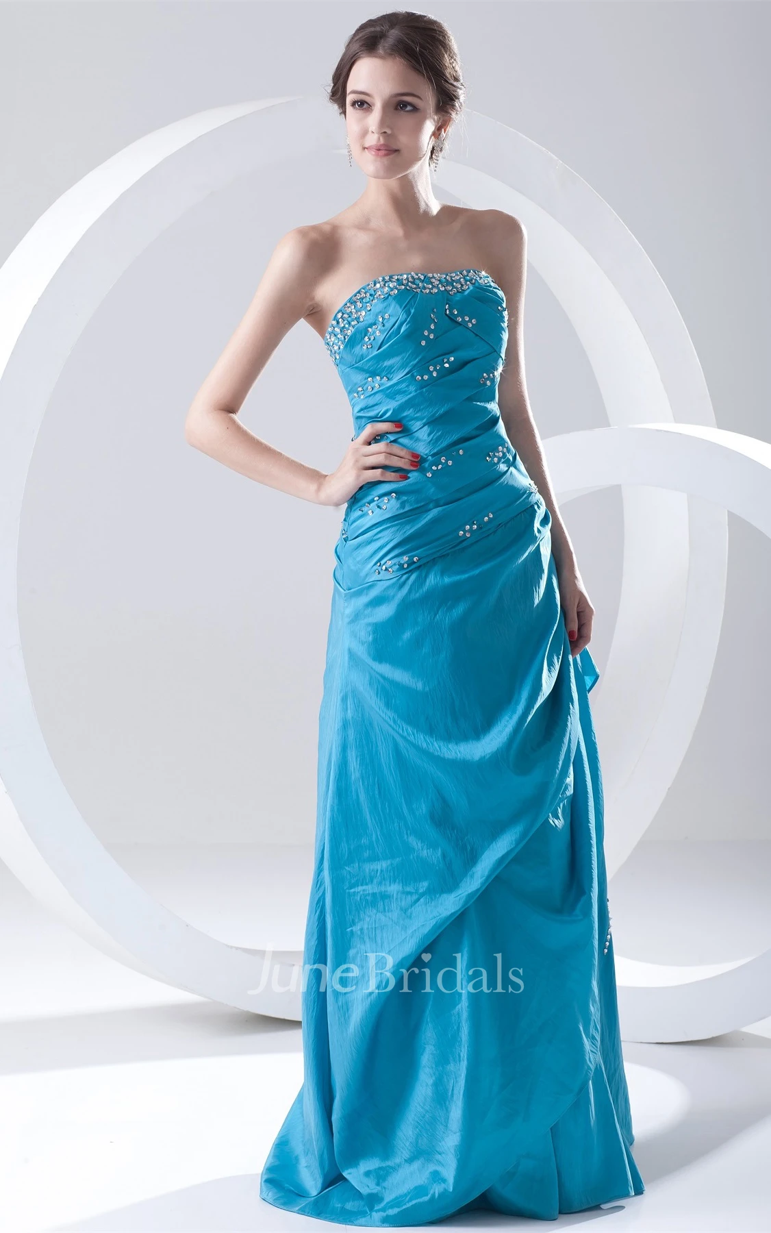 Strapless Pick-Up Taffeta Gown with Beading and Ruching