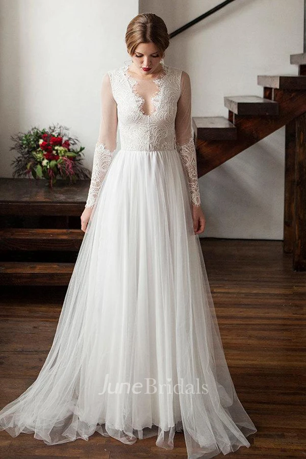 Illusion Scoop-Neck Long Sleeve Lace Tulle Wedding Dress With Pleats