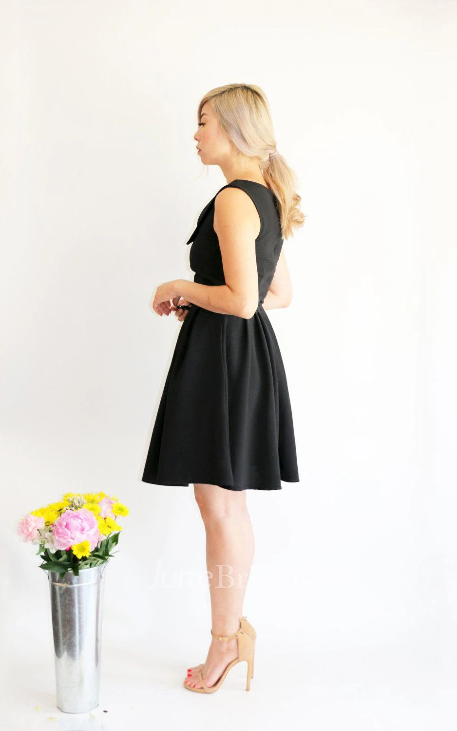 Short Black V Neck Satin Dress 