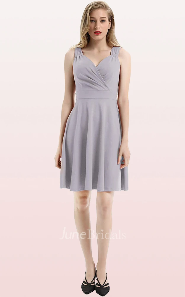A Line V-neck Jersey Sleeveless Prom Cocktail Dress With Ruffles