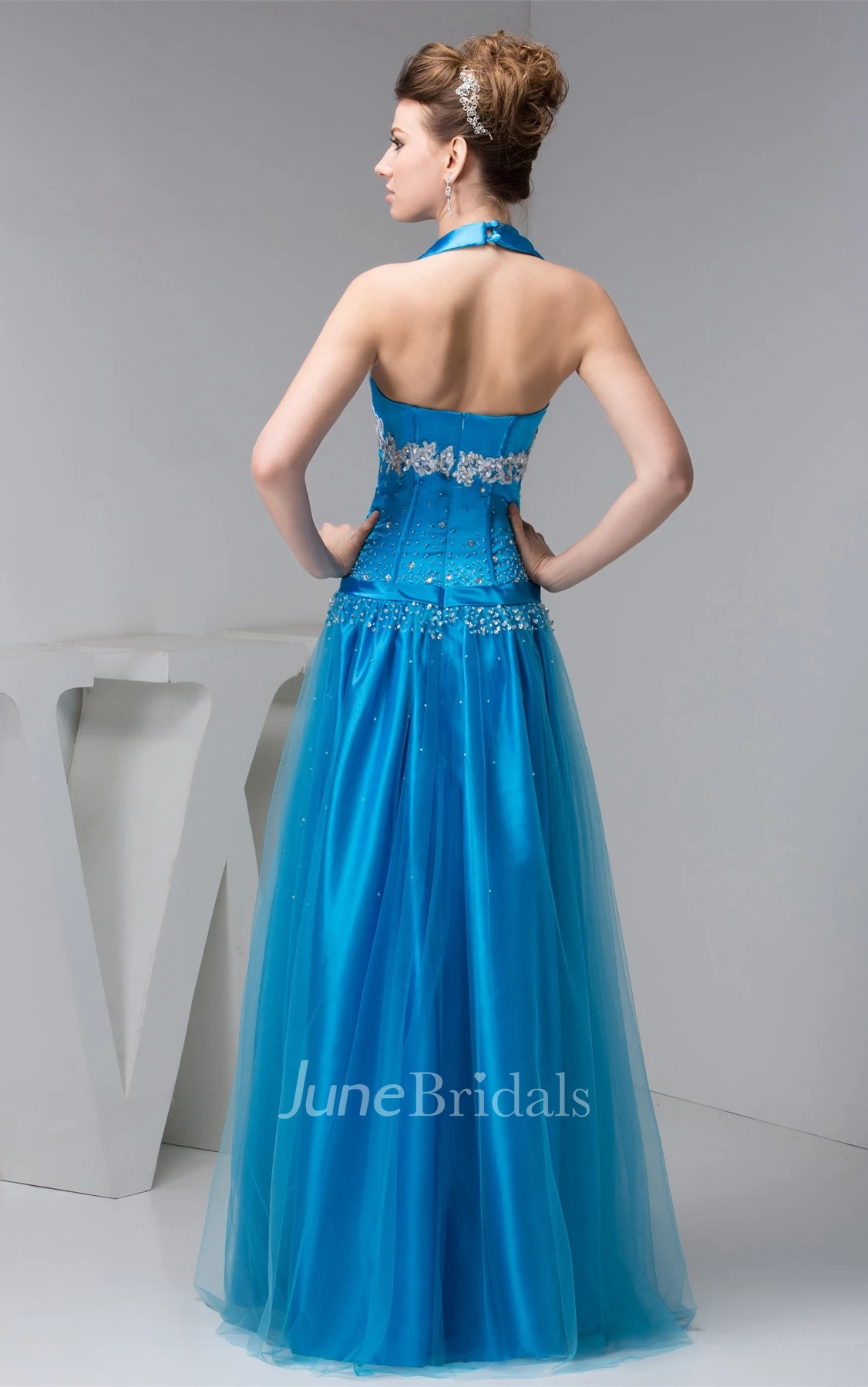 Plunged Sleeveless A-Line Dress with Beading and Broach