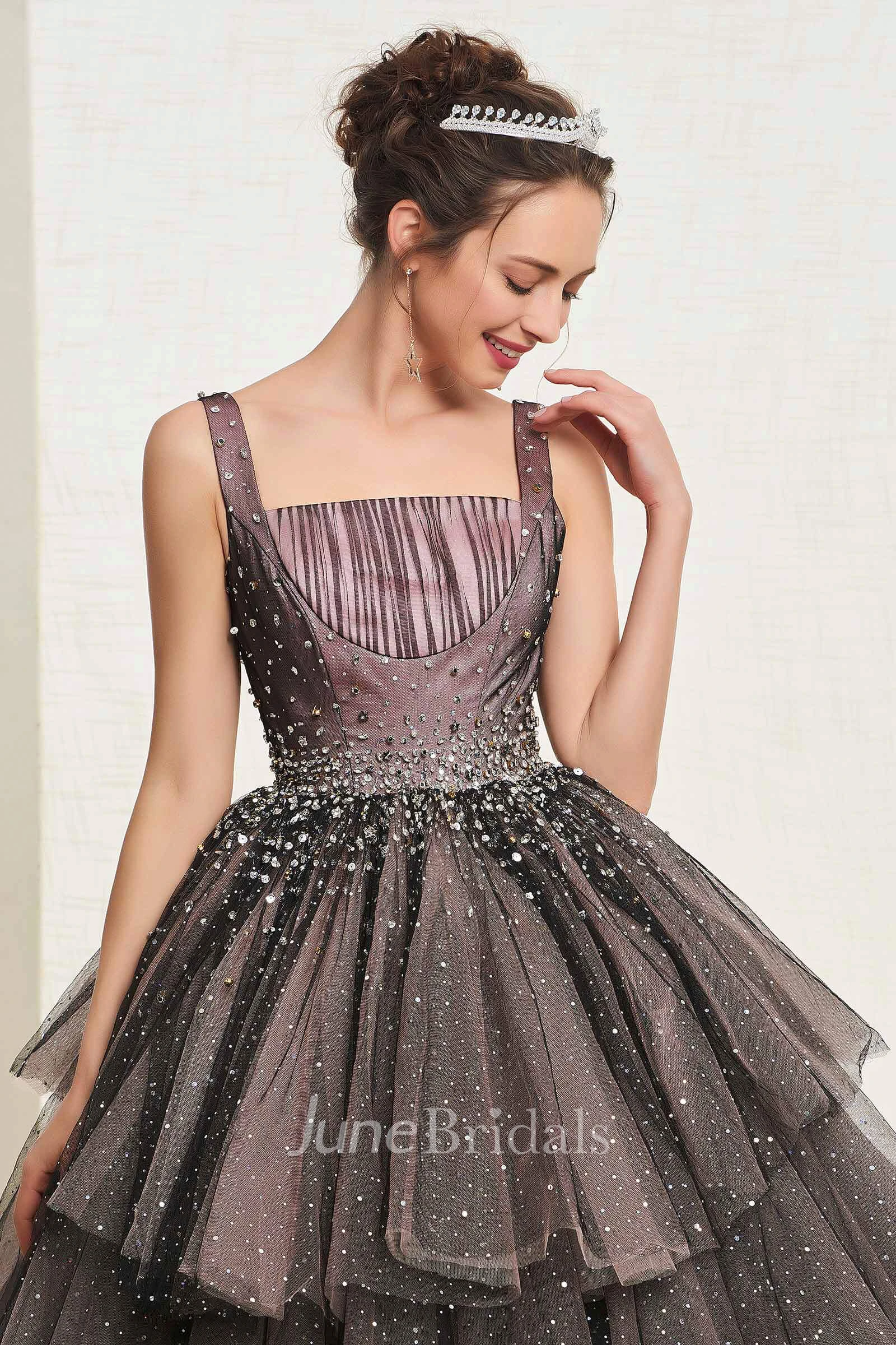 Luxury Vintage Beaded Sleeveless Square Neckline Ballgown With Lace-up And Ruffled Tiers