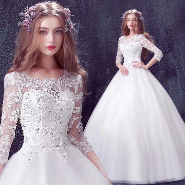 Romantic Tulle Lace Beadings Wedding Dress 3 4-Long Sleeve Princess