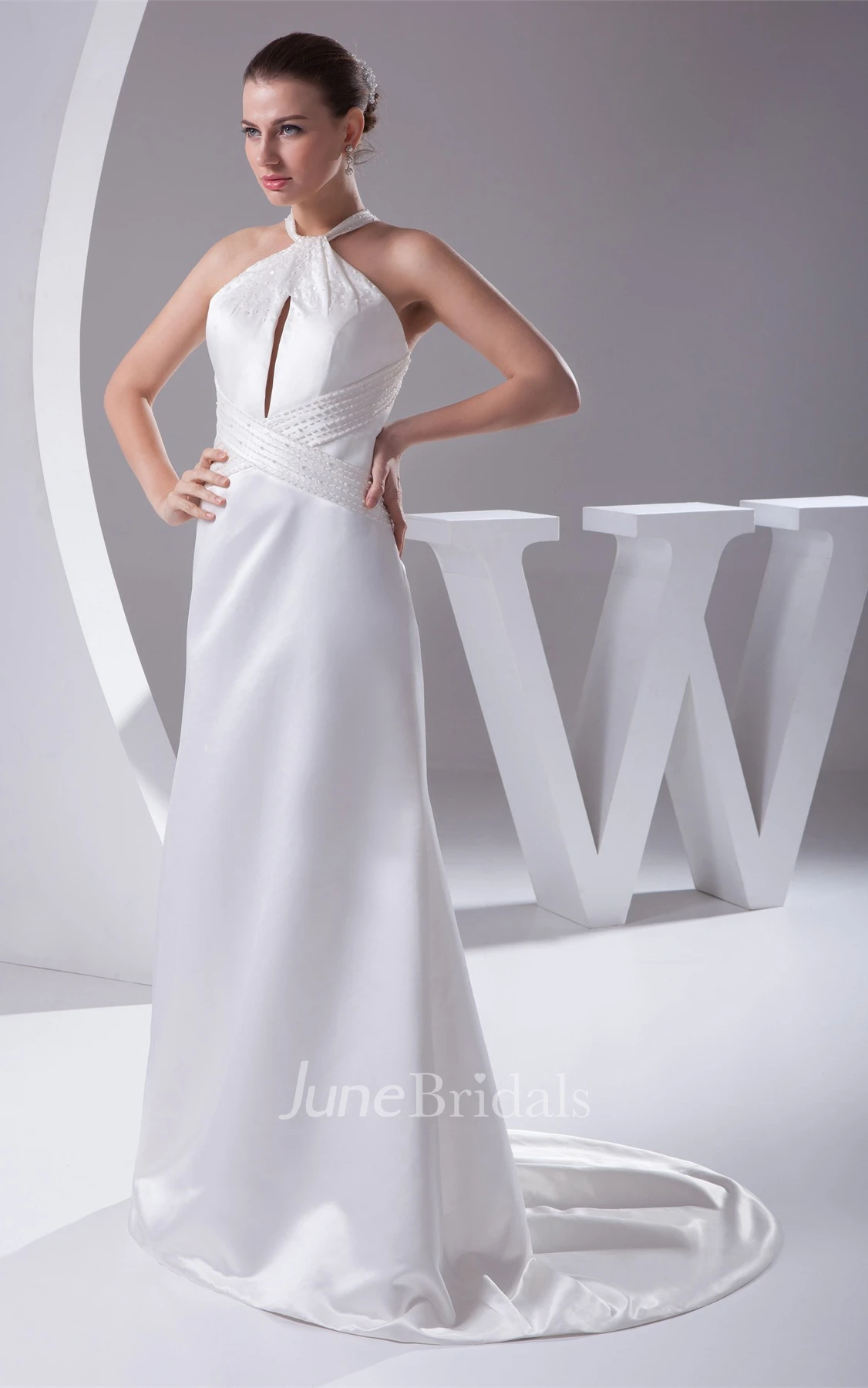 Sleeveless Satin A-Line Beaded Dress with Halter and Keyhole