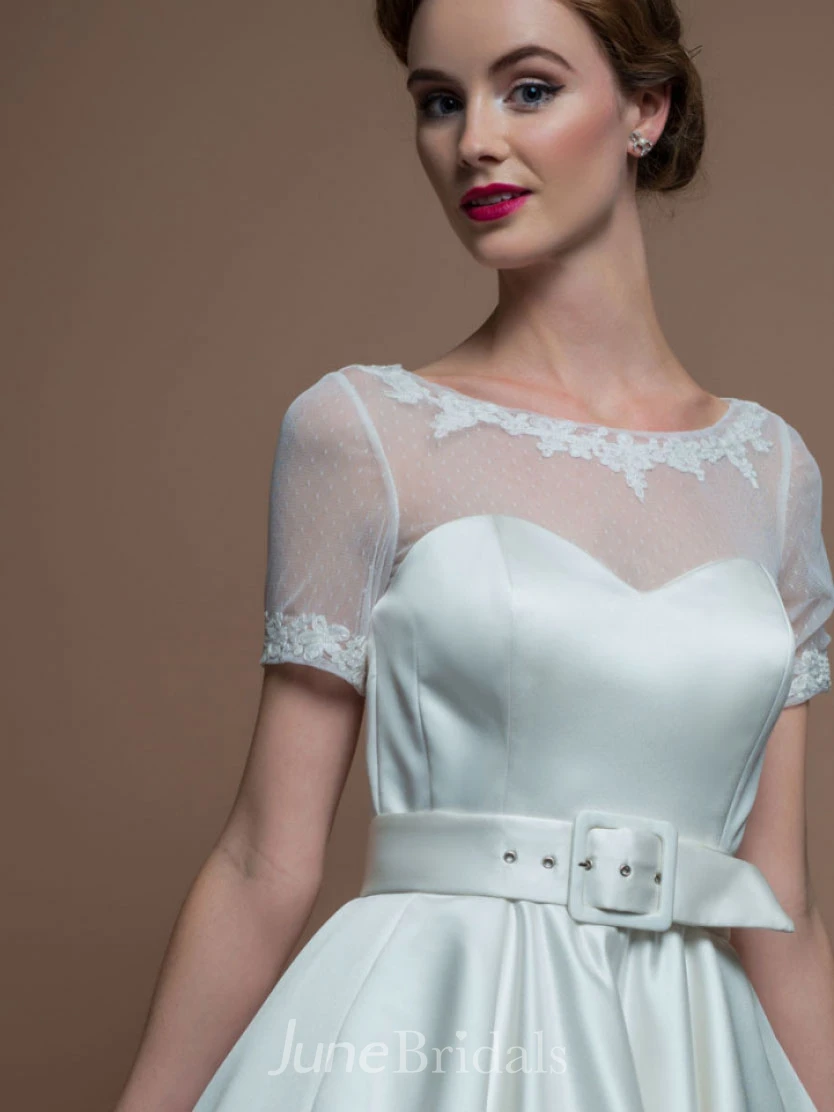 A-Line Tea-Length Short-Sleeve Scoop-Neck Satin Wedding Dress With Illusion