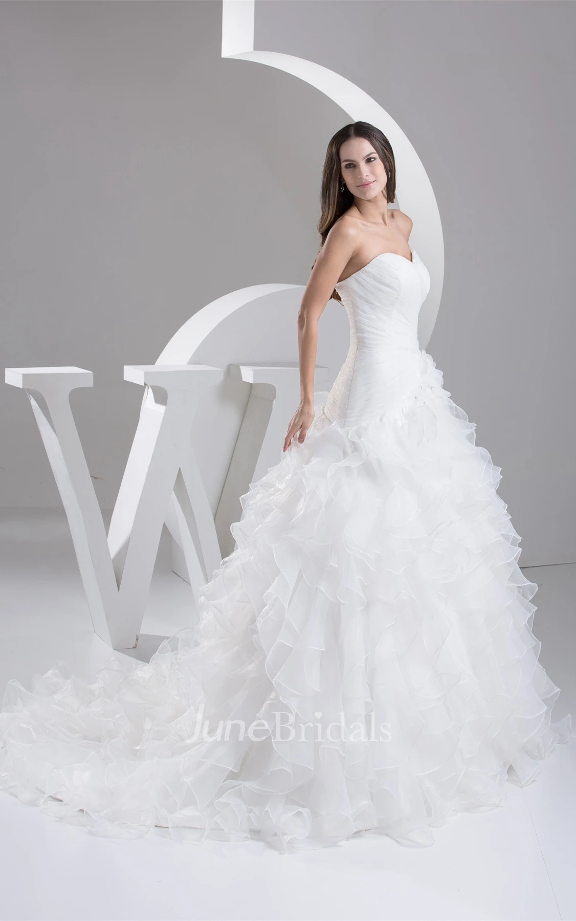 Sweetheart Criss-Cross Ruffled Ball Gown with Flower