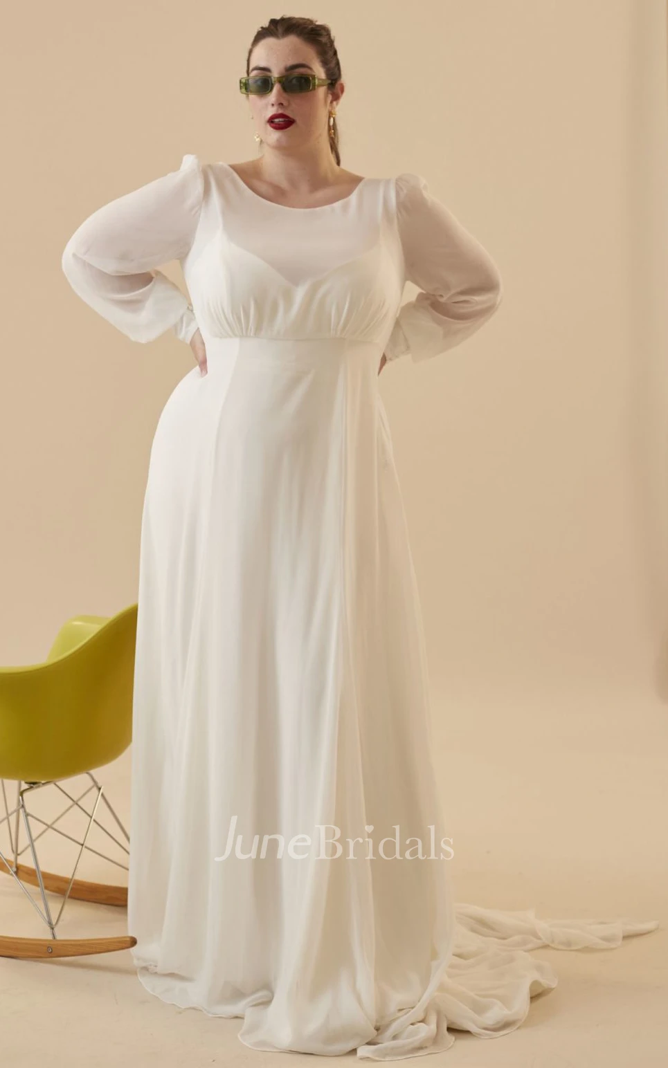 Romantic A Line Brush Train Long Sleeve Bateau Chiffon Wedding Dress