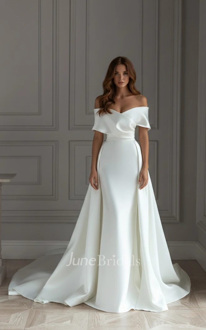 Simple Off-the-Shoulder Satin Wedding Dress Mermaid Corset Back Gown with Detachable Skirt