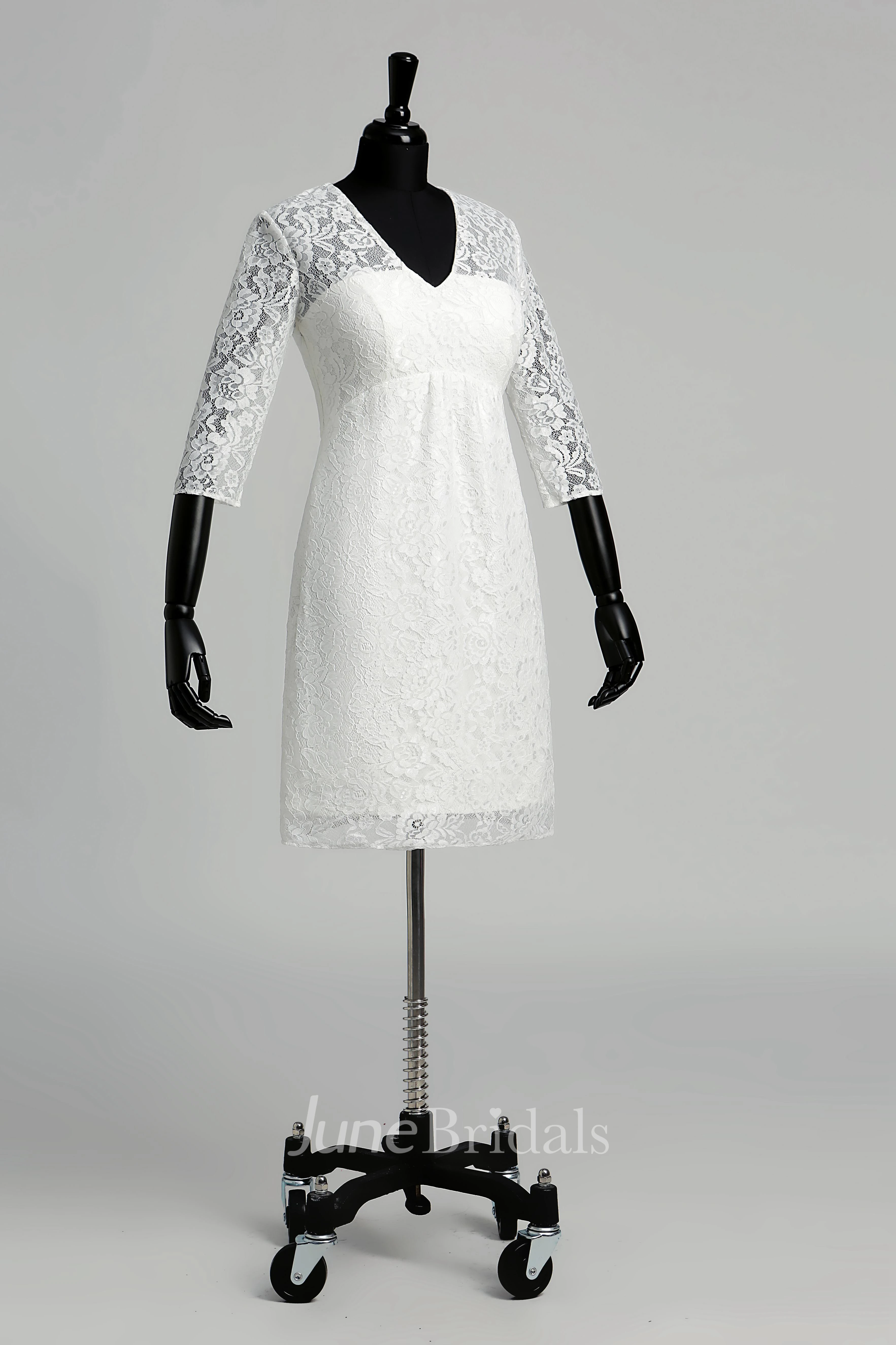 Knee-length A-line V-neck Illusion 3/4 Length Sleeve Illusion Lace Weeding Dress