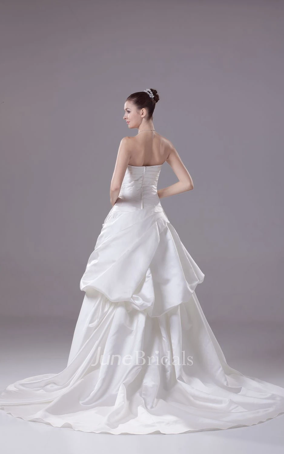 Strapless A-Line Ruched Gown With Bow and Pick-Up Design